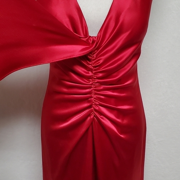 Vintage 90s ABS Evening Red Charmeuse Satin Halter Plunging Neckline Maxi Dress - Picture 8 of 15